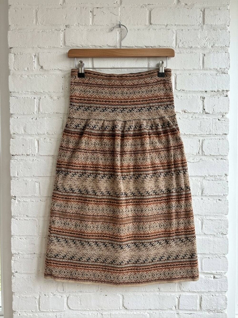 Peruvian Connection Brown Geometric Knit A-Line Maxi Skirt Large Boho Southwest